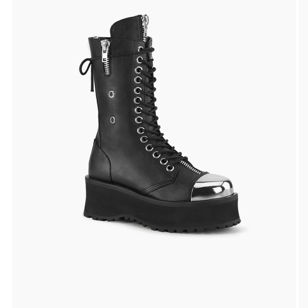 Demonia Black and Silver Lace Up Boots
